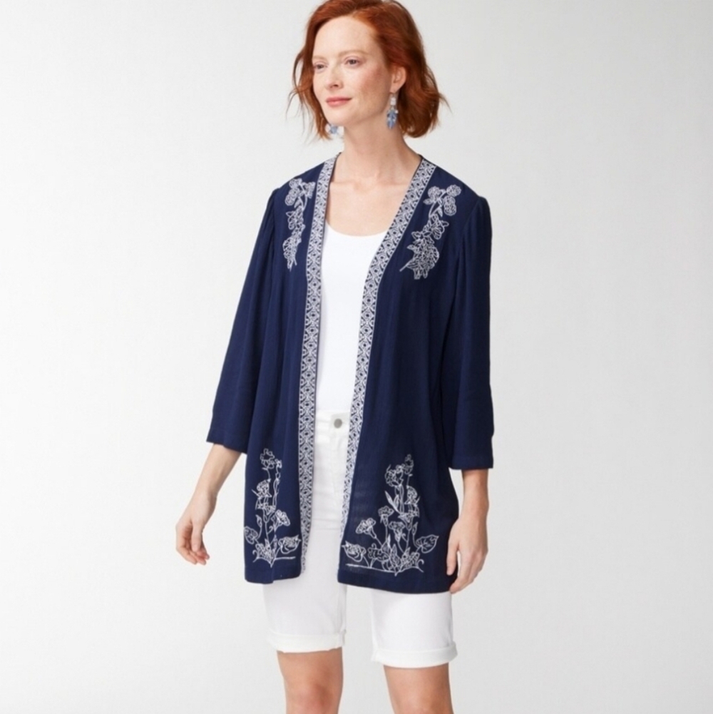 Chico's Navy Embroidered Crinkle Open Front Jacket‎ Size Small